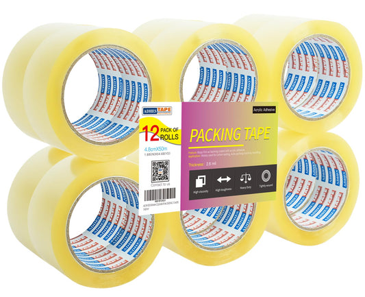 ADHES Clear Packing Tape Shipping Tape Packaging Tape Moving Tape, 54.68yard Per Roll 1.89inch Width 2.6Mil Thickness(12Rolls)