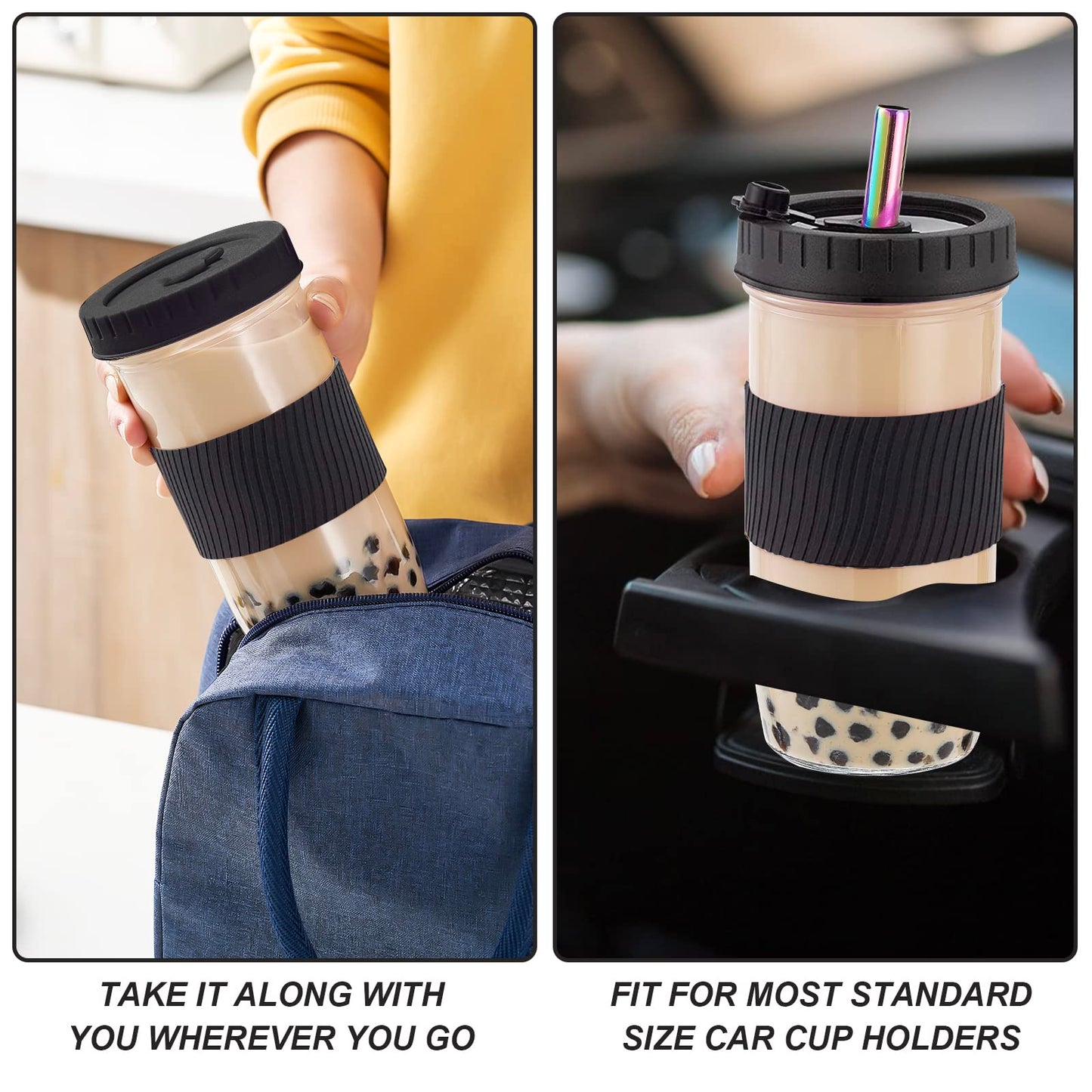 HEFBCOMK 2 Pack Reusable Boba Cup Smoothie Tumbler Glass Bubble Tea Cup, 24oz Iced Coffee Cups with Lids and Straws, Mason Jar Drinking Glasses for Bubble Tea, Beer, Smoothie, Juice (Black)
