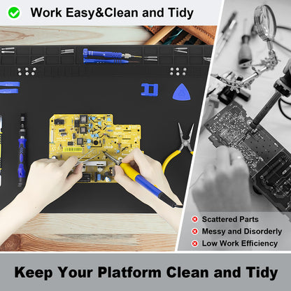 60x35cm Heat Resistant Large Silicone Soldering Mat with Grounding Accessories and Anti Static Wrist Strap, Repair ESD Safe Work Mat for Soldering, Computer, Cellphone Workbench Protection Etc (Black)