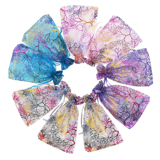 SumDirect 100Pcs 5x7 Inches Organza Gift Bags with Drawstring Jewelry Favor Pouches with Coralline Printing for Gift, Wedding, Party, Festival, Birthday