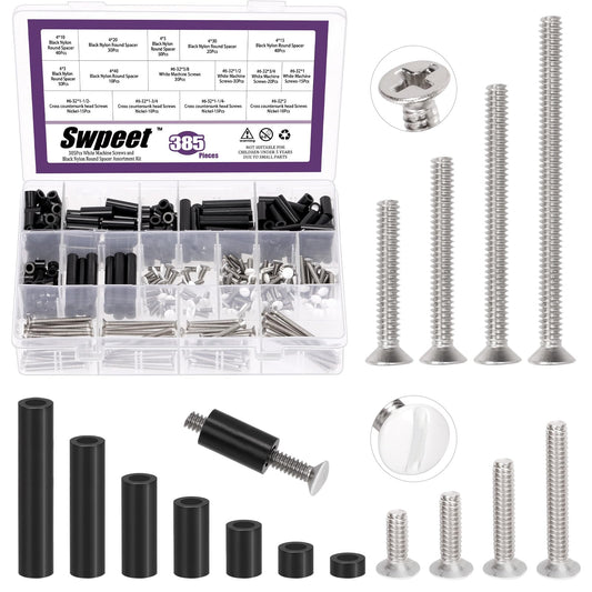 Swpeet 385Pcs 6-32 Thread Extra Long Outlet Screws, Slotted Wall Plate Screws and Electrical Outlet Spacers Extender Kit, Electrical Outlet Screws, Switch Plate Screws, Nylon Round Space