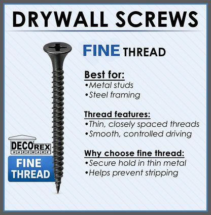 #6 x 1-5/8" Drywall Screws – Fine Thread, Sharp Point, Phillips Drive, Bugle Head, Black Phosphate – Contractor-Grade Drywall & Wood Fasteners + Driver Bit Included (500pcs)