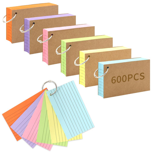 600 PCS Index Cards 3x5 Inches Colored Flash Cards with Ring, Punched Lined Flashcards Ruled Index Cards Notecards Study Cards Heavy Note Cards for Studying, Learning, School, College, Memory