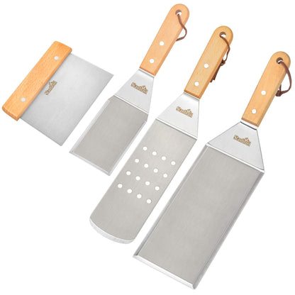 Stanbroil Griddle Accessories Spatula Tools, Set of 4 Stainless Steel Griddle Tools with Wooden Handle, Perfect for Outdoor BBQ Flat Top Cooking Camping Grilling