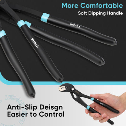Shall 3-Piece Groove Joint Pliers Set (12, 9-1/2, 7 Inch), Push-Lock Water Pump Pliers in Cr-v Steel, Fast Adjustable Tongue and Groove Pliers with Tool Roll Bag for Home Repair & Plumbing