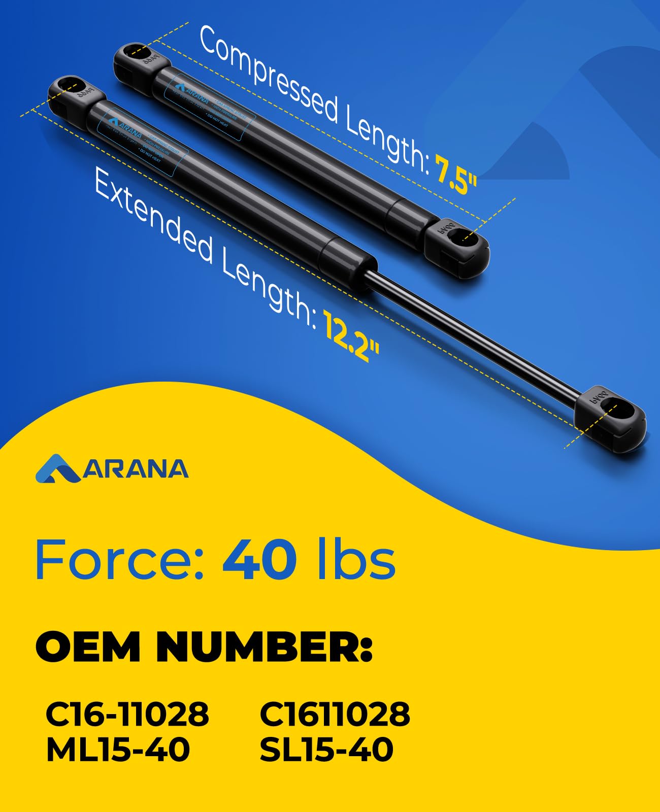 ARANA 12 inch 40 Lbs Gas Prop Struts Shock Lift Supports C16-11028 for Truck Tool Box Lid Aluminum Toolbox, are Topper Leer Camper Shell Side Window (12.2" ext)