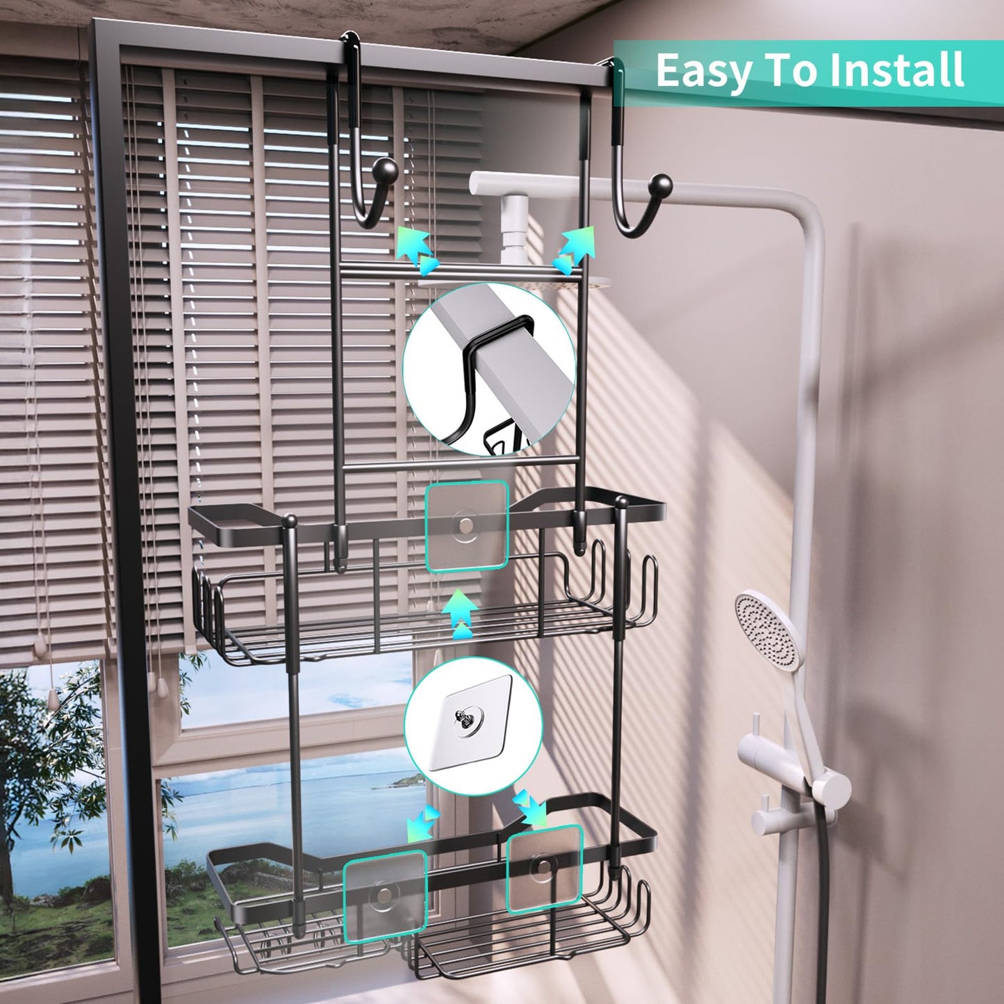 HapiRm Shower Caddy Hanging Over the Door, 2 Tier No Drilling Bathroom Shelf, Shower Shelf with Soap Holder, Waterproof Rust Resistant Bathroom Rack for Shampoo, Conditioner, Soap, Towel, Black