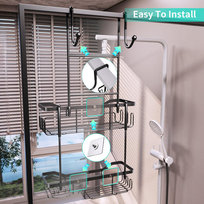 HapiRm Shower Caddy Hanging Over the Door, 2 Tier No Drilling Bathroom Shelf, Shower Shelf with Soap Holder, Waterproof Rust Resistant Bathroom Rack for Shampoo, Conditioner, Soap, Towel, Black
