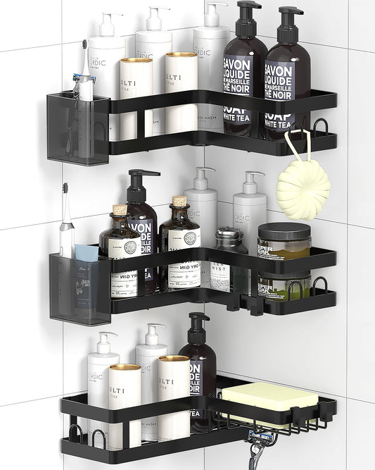 Gabeeriso Shower Caddy Corner, Bathroom Organizers Soap Holder Shower Shelves 2-in-1, Bathroom Shelves with 18 Hooks, Rust-Resistant Adhesive Shower Shelf No Drilling. (L-Shaped Black 3-Pack)