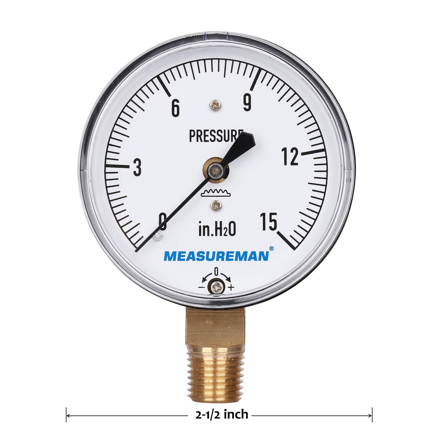 MEASUREMAN Diaphragm Type Capsule Low Pressure Gauge, 2-1/2" Dial, 1/4" NPT Lower Mount, Adjustable, 0-15 in H2O(Inches of Water)