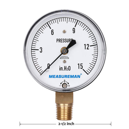 MEASUREMAN Diaphragm Type Capsule Low Pressure Gauge, 2-1/2" Dial, 1/4" NPT Lower Mount, Adjustable, 0-15 in H2O(Inches of Water)