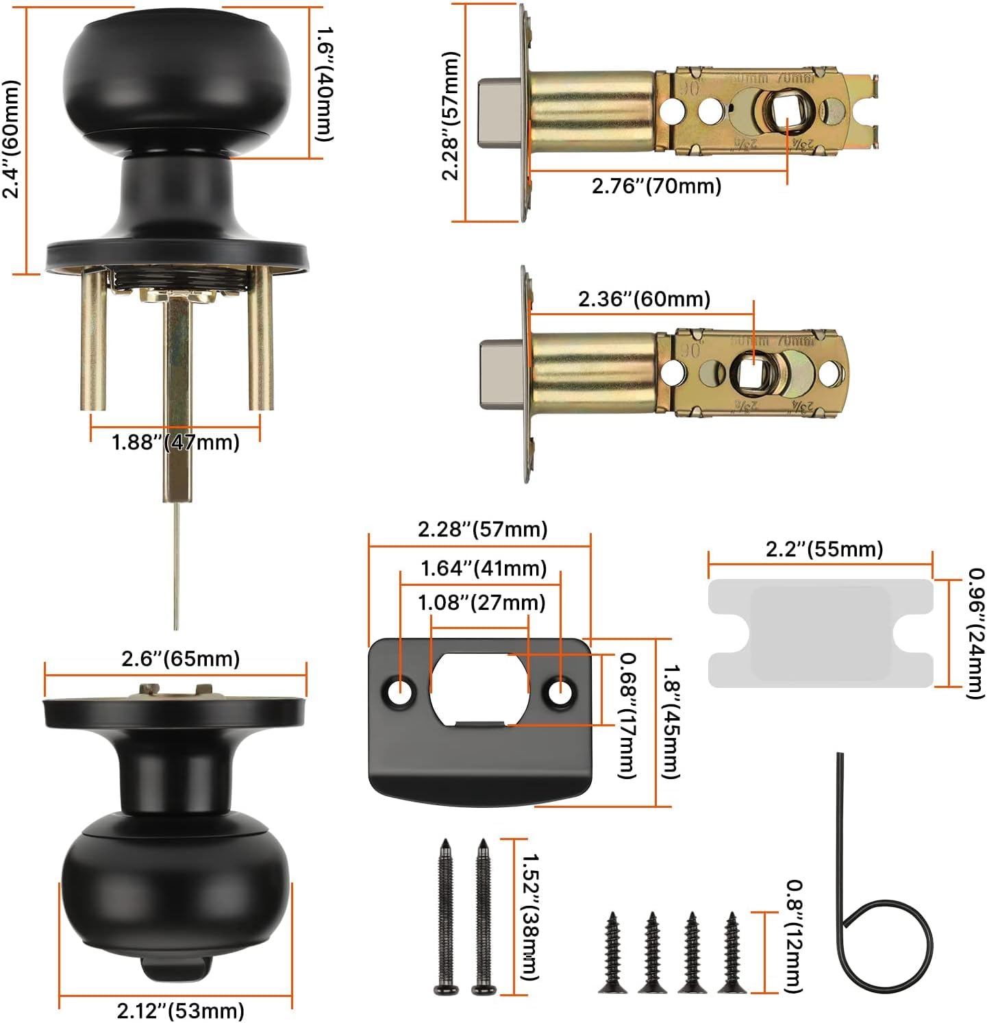 Haidms 2 Packs Matte Black Door Knobs Interior, Round Privacy Door Knob keyless (Thumb Turn Lock on The Inside) Ball Door Knob for Bedroom Bathroom