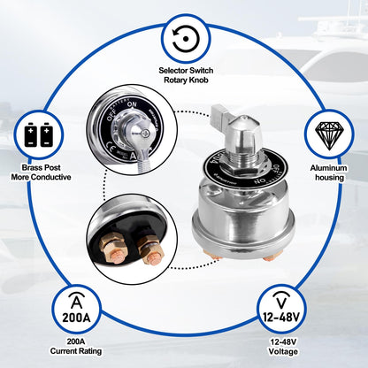Spurtar Battery Disconnect Switch 12-48V Battery Shut Off Switch 200A High Current Master Battery Power Cut Isolator Kill Switch for Car, Vehicle, Truck, Winch, ATV, RV, Marine, Boat