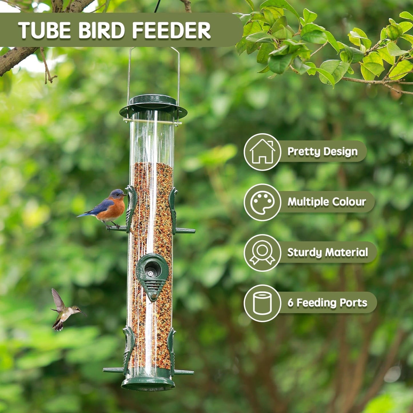 MIXXIDEA Metal Wild Bird Feeder Squirrel Proof Bird Feeders for Outside Hanging 6 Port Tube Bird Feeder Transparent Finch Feeder with Steel Hanger (2 PK, Green)
