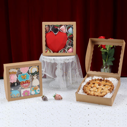 RomanticBaking 24pcs 10x10x2.5 Inches Brown Bakery Boxes with Window Cookies Boxes Pie Boxes Chocolate Covered Strawberries Boxes Cakesicle Browines Box for Christmas Valentine's Day