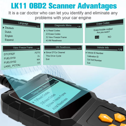 OBD2 Scanner Ease Setup Plug-Play: Clear Reset Engine Error Code Professional Code Reader Diagnostic Scan Tools with Freeze Frame/I/M Readiness for All Cars Since 1996 & Newer -LK11