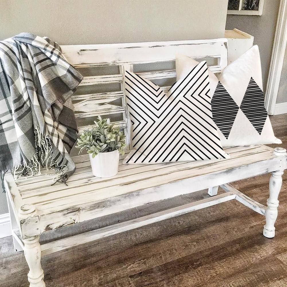 RABUSOFA Black and White Pillow Covers 18x18 Inch Set of 4,Outdoor Pillows Waterproof Boho Farmhouse Decroaions Cushion Cases for Sofa Couch Patio Furniture (03-B18)