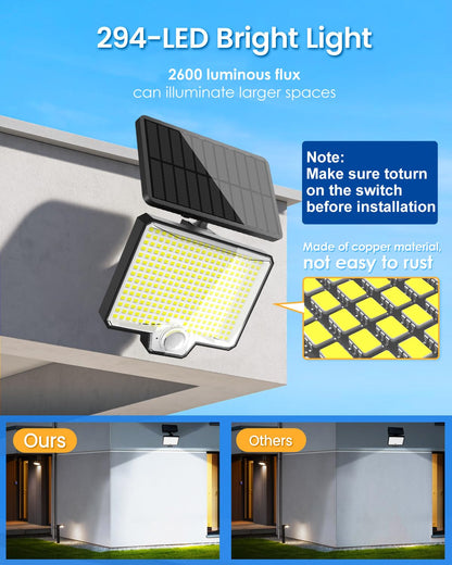 AUDERWIN 294 LED Solar Motion Sensor Outdoor Lights, Solar Flood Lights 2600LM, IP67 Waterproof Outside Solar Powered Security Lights for Porch Patio Yard Garage Fence Garden, 2 Pack Black