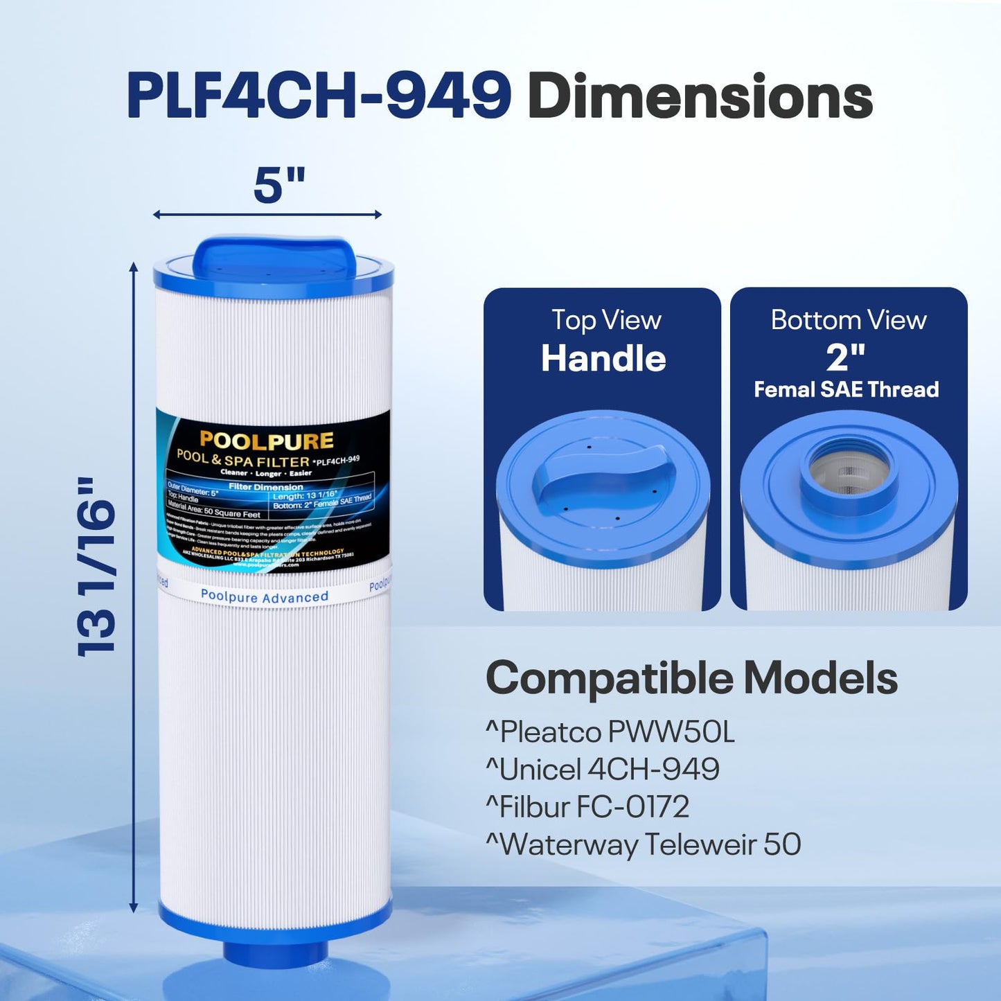 POOLPURE 4CH-949 Spa Filter Replaces Pleatco PWW50L, fil50-5d13h15fct-3, Filbur FC-0172, SD-01143, 817-4050, Rising Dragon 50, Waterway Teleweir 50 sqft Filter Cartridge (1 Pack)