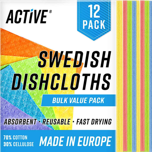 Swedish Dish Cloths for Kitchen - ACTIVE 12 Pack Cellulose Sponge Cloth, Washable Dishcloths for Washing Dishes, Original European Dish Towels, Absorbent Reusable Paper Towels - Multicolor Assorted
