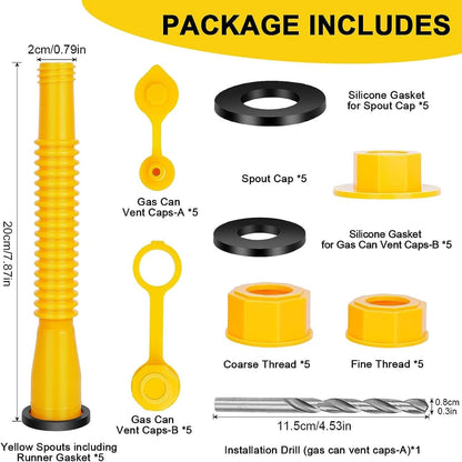 Gas Can Spout Replacement, Includes Nozzle, Vent caps, Rubber Gasket, Drill bits, Auxiliary Base Cap, Two Models Spout Cap Replacement Gas Spouts for Most of Cans (yellow)