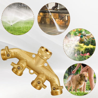 4 Way Garden Hose Splitter, Heavy Duty Hose Connector 3/4", Solid Brass Hose Spigot Adapter 4 Valves with 8 Extra Rubber Gaskets and 1 Seal Tape