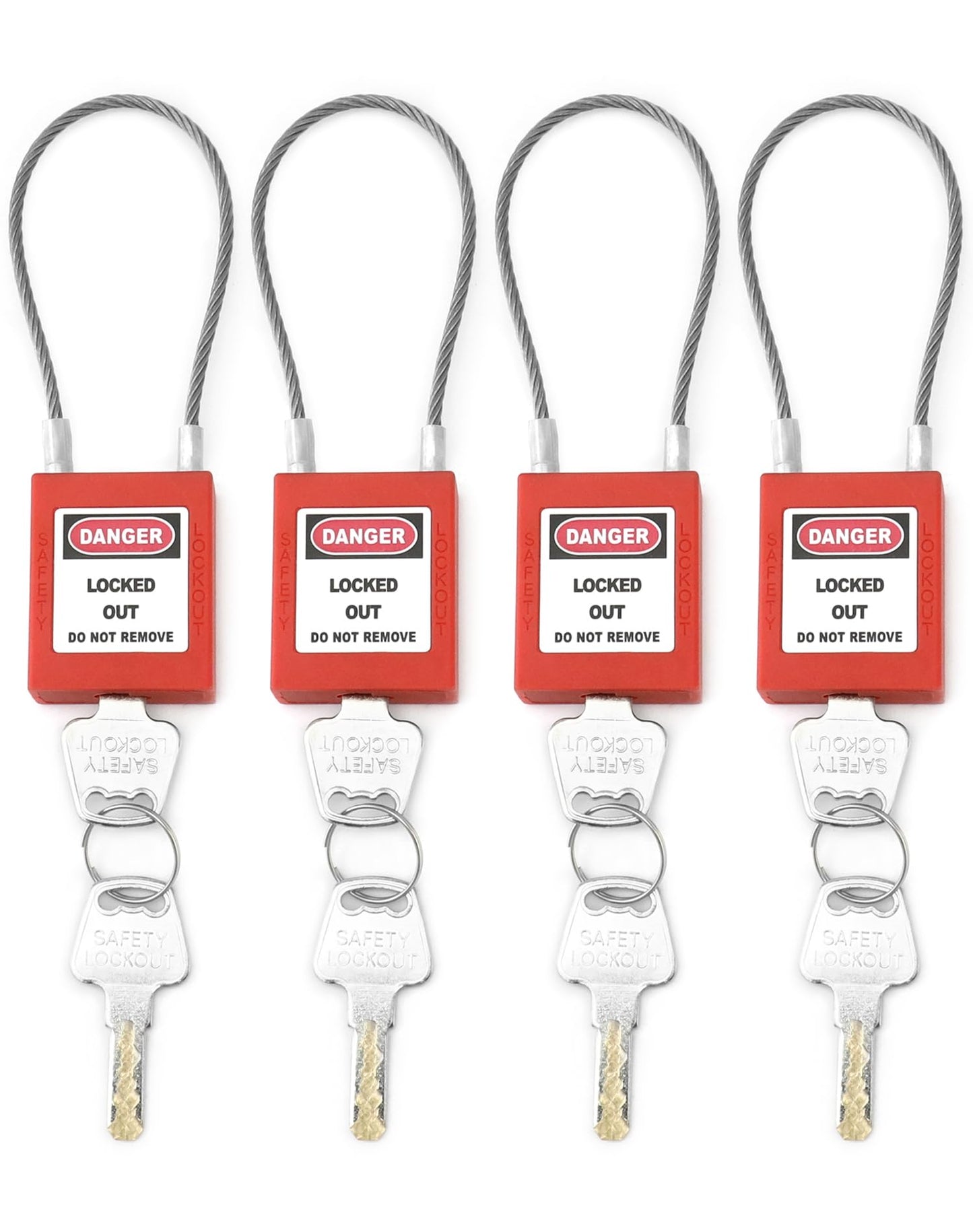 QWORK 4 Pack Lockout Tagout Steel Cable Locks with 8 Keys, Compact Cable Padlock, Red Keyed Different Electrical Lockout Padlock Set