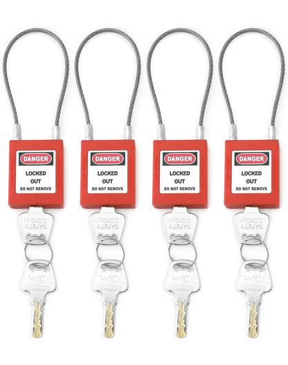 QWORK 4 Pack Lockout Tagout Steel Cable Locks with 8 Keys, Compact Cable Padlock, Red Keyed Different Electrical Lockout Padlock Set