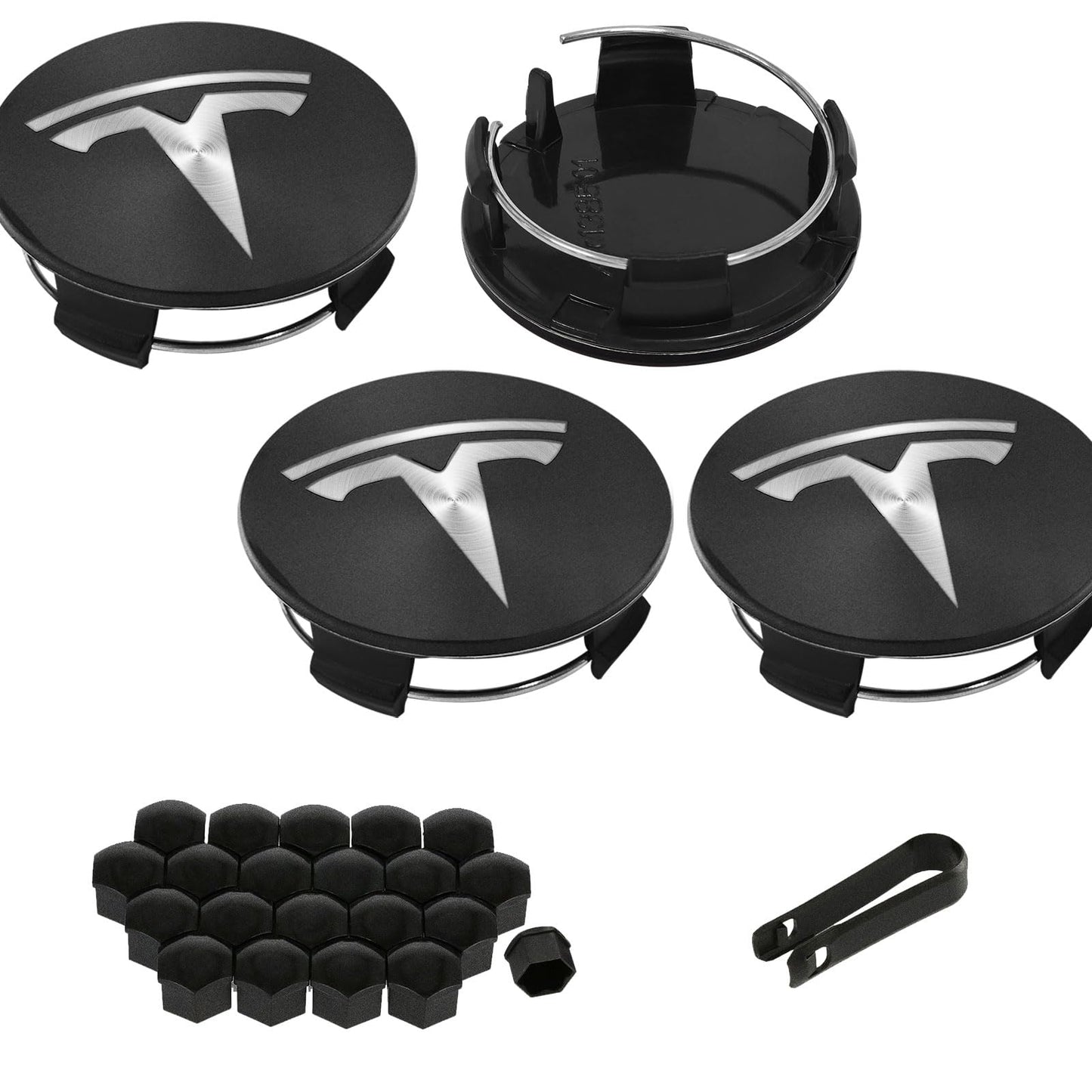 Knomix 4 Pack Exterior Decoration Wheel Center Cover for Tesla Model 3 Model Y,56mm Hubcaps Wheel Rim Cover Tesla Center Caps Hubcaps+20 Black Lug Nut Covers (Matte Black+Silver Emblem)