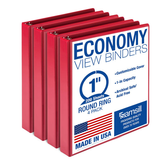 Samsill 1 Inch 3 Ring Binders, Made in USA, Economy Round Ring, Clear View Cover, 200 Sheet Capacity - for School, Home, Office - Red, 4 Pack
