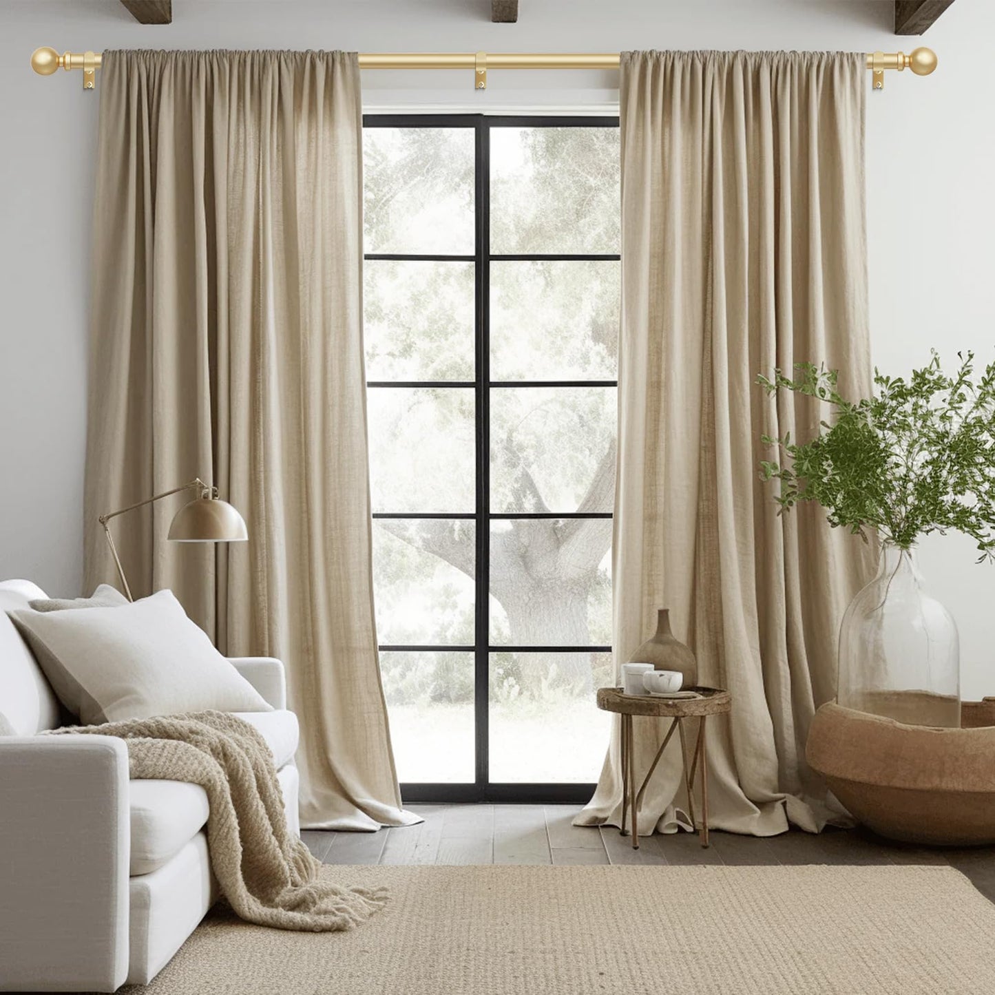 Gold Curtain Rods for Windows 48 to 84 Inch, Adjustable Heavy Duty 1" Diameter Decorative Curtain Rod with Matte Gold Round Finials, Modern Easy Install Extendable Metal Drapery Pole Set