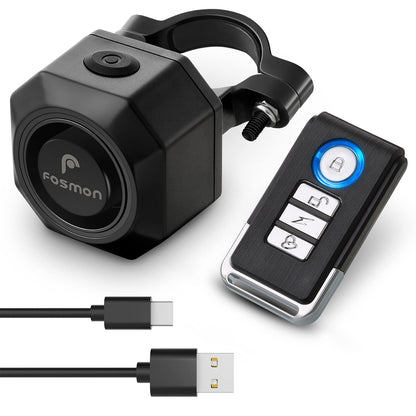 Fosmon USB-C Rechargeable Bike Alarm with Remote, IP55 Waterproof Wireless 110dB Loud Anti-Theft Vibration Motion Sensor Vehicle Tracker Alarm Security System for Bicycle, E-Bike, Motorcycle, Scooter