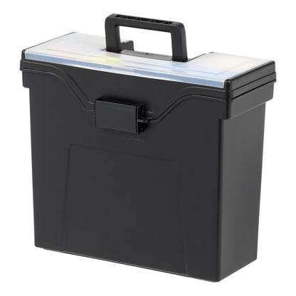 IRIS USA Portable File Box With Handle, Slim w/Organizer Lid, Plastic File Organizer Box for Letter Files, Hanging Filing Folder Organizer, Lockable, Secure Buckle, Black