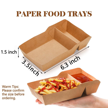 SOUJOY 100 Pack Disposable Kraft Nacho Boat Tray, 2 Compartment Disposable Food Serving Tray, Grease Resistant Heavy Duty Paperboard, Take Out Fast Food Snack Holder Container for Party