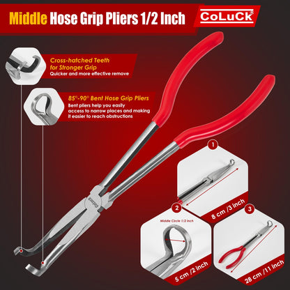 CoLuck 3Pcs 11" Hose Gripper Plier Set, 5/16-Inch, 1/2-Inch, 3/4-Inch Dia, Offset Spark Plug Boot Removal Pliers Serrated Jaws for Hard to Reach Narrow Spaces