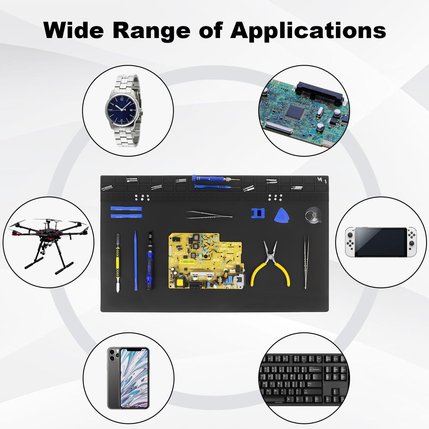 60x35cm Heat Resistant Large Silicone Soldering Mat with Grounding Accessories and Anti Static Wrist Strap, Repair ESD Safe Work Mat for Soldering, Computer, Cellphone Workbench Protection Etc (Black)