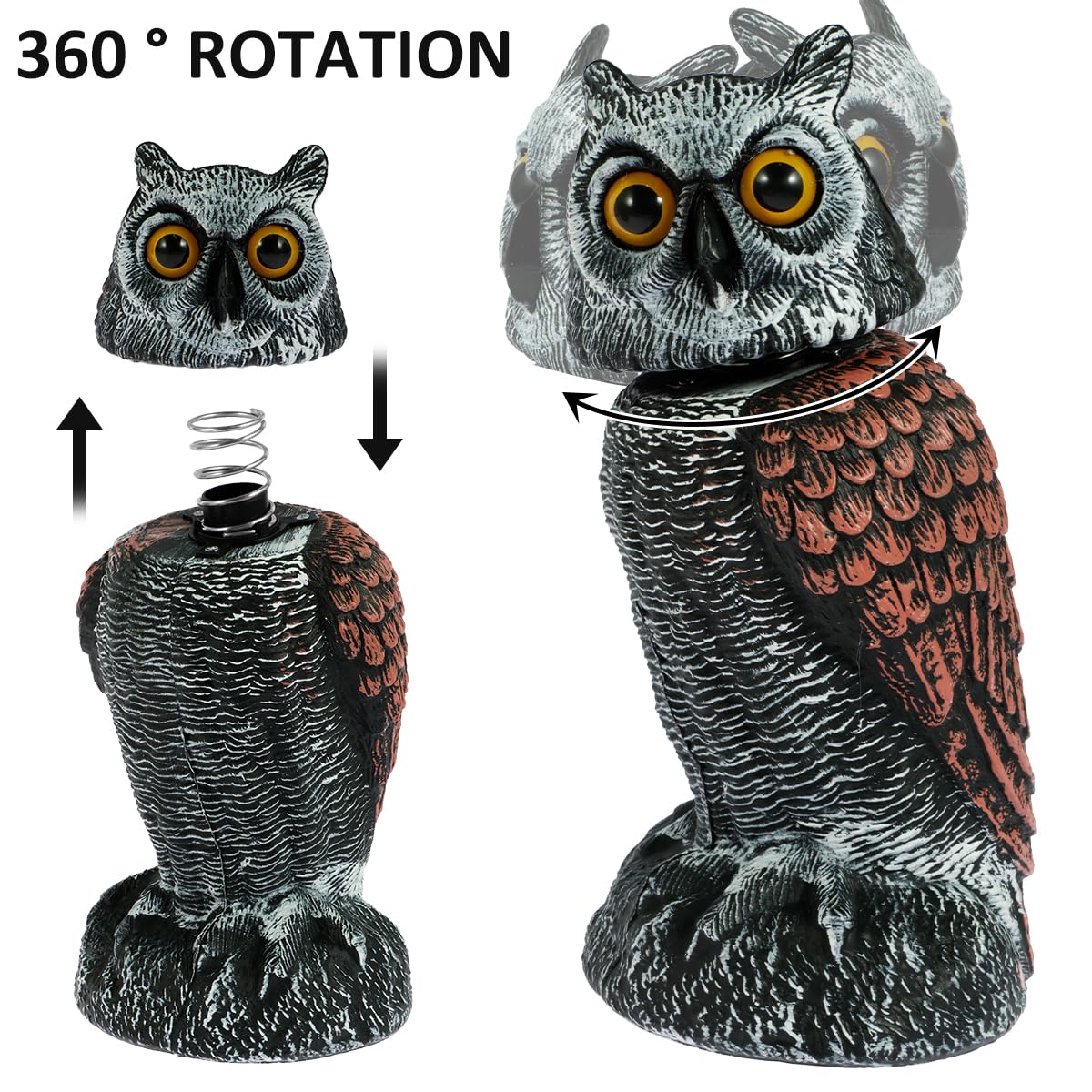 Owl Decoys to Scare Birds Away Fake Owl Decoy with Rotating Head Lifelike Scarecrow Plastic Owls to Scare Birds Waterproof Garden Owls Statue for Patio Garden Yard