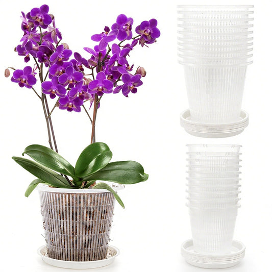 Peohud 20 Pack Clear Orchid Pots with Drainage Hole and Tray, 5.5/4.3 Inches Plastic Plant Nursery Pots with Saucers, Houseplant Pots for Repotting Orchids, Indoor Gardening Slotted Mesh Net Pot