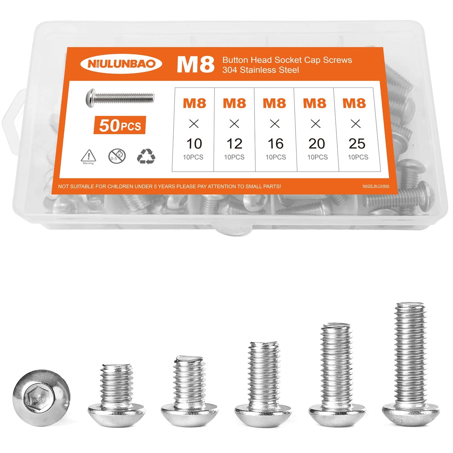 NIULUNBAO M8 x 10mm 12mm 16mm 20mm 25mm Button Head Socket Cap Screws Bolts, 304 Stainless Steel, Metric Allen Hex Drive, Machine Fully Threaded, Assortment Kit 50PCS