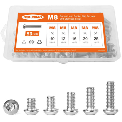 NIULUNBAO M8 x 10mm 12mm 16mm 20mm 25mm Button Head Socket Cap Screws Bolts, 304 Stainless Steel, Metric Allen Hex Drive, Machine Fully Threaded, Assortment Kit 50PCS