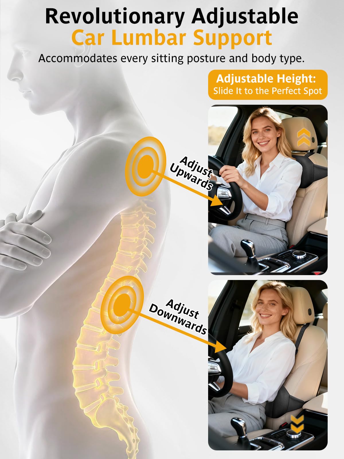 Car Seat Lumbar Support Pillow Memory Foam Lower Back Waist Support Cushion with Convex Point Design Washable Cover Dual Adjustable Straps for Vehical SUVs Driving Travel Accessories Office Chair