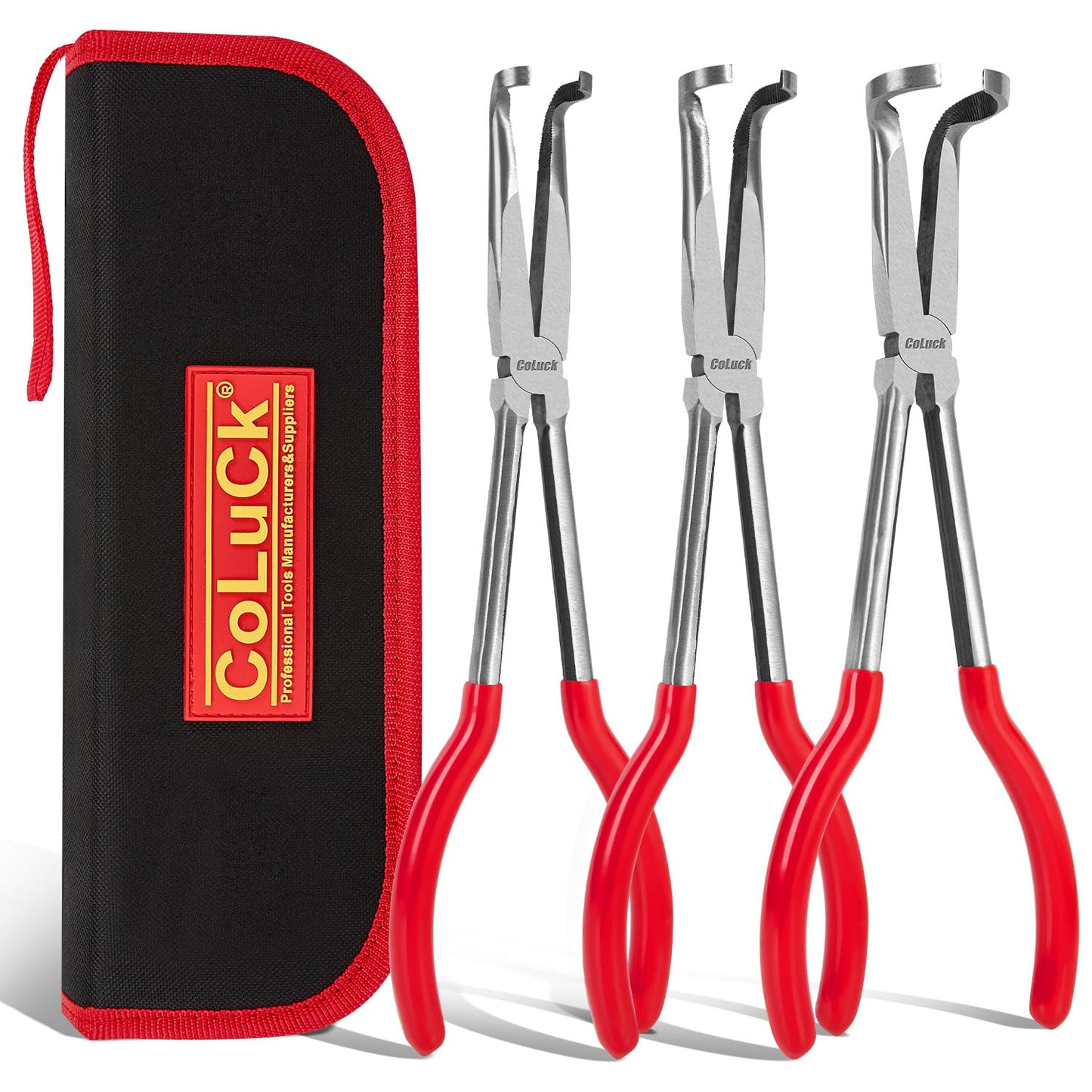 CoLuck 3Pcs 11" Hose Gripper Plier Set, 5/16-Inch, 1/2-Inch, 3/4-Inch Dia, Offset Spark Plug Boot Removal Pliers Serrated Jaws for Hard to Reach Narrow Spaces