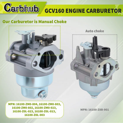 Carbhub GCV160 Carburetor for Honda GCV160 GCV160A GCV160LA GCV160LE HRB216 HRS216 HRT216 HRZ216 Carb Replaces 16100-ZM0-804 16100-ZM0-802 16100-ZM0-023 16100-Z0L-023 16100-Z0L-013 16100-Z0L-003