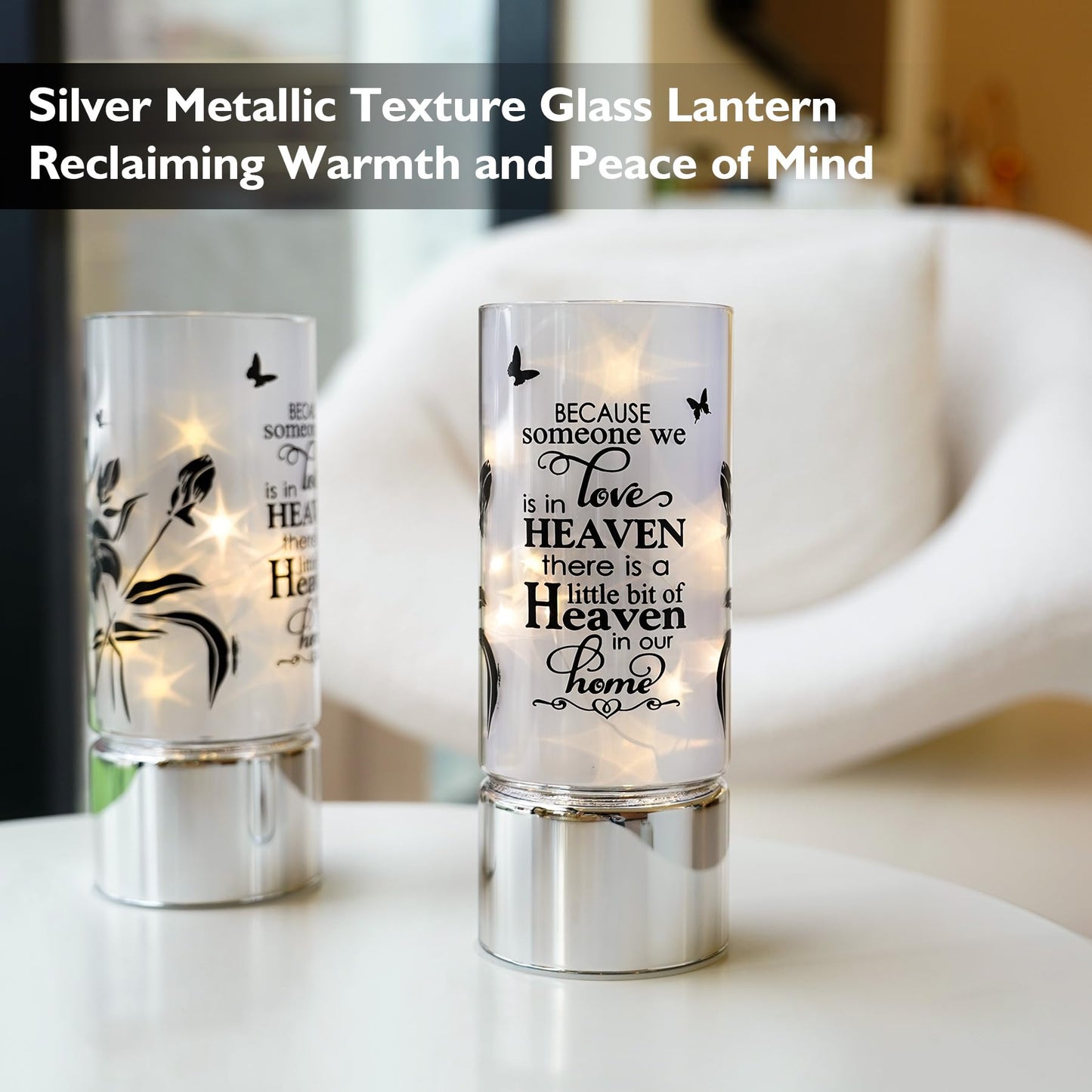 Rhytsing Memorial Gift - Battery Operated Flameless Candle with Timer Function, Glass Cylinder Lantern with Fairy Lights, Expressing Sympathy for the Loss of Someone We Loved - D3.15 x H8 inches