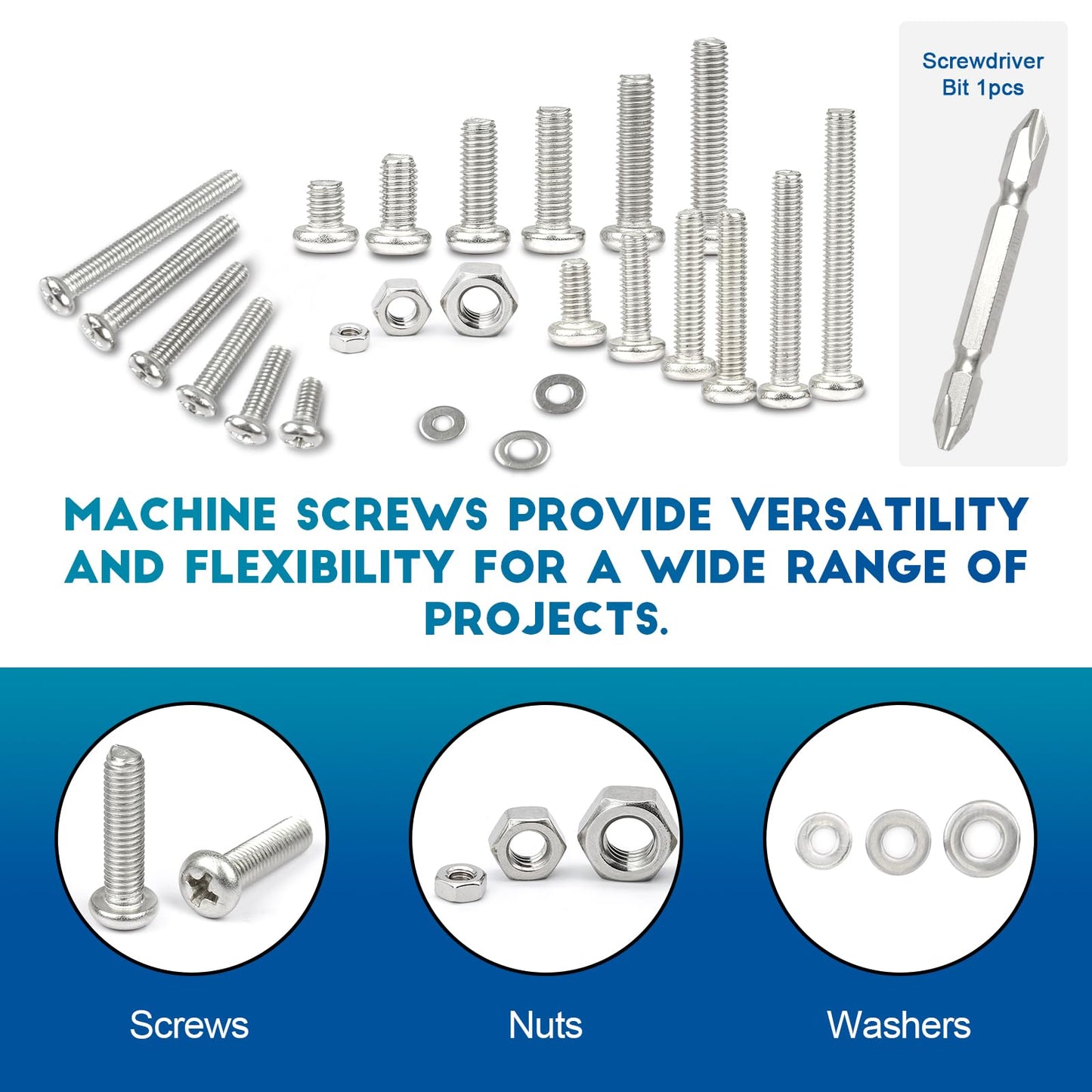 NINDEJIN 304 Stainless Steel Phillips Pan Head Machine Screws Assortment Kit - 721pcs, M3 M4 M5 Machine Screw Assorted Cross Round Head Screw Bolts Nuts Flat Washers Set - 18 Size