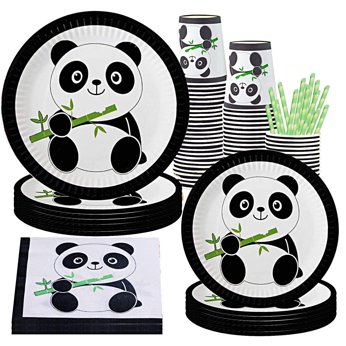 Panda Party Supplies Tableware Set Including Panda Paper Plates Cups Napkins Straws for Panda Birthday Wediing Baby Shower Party