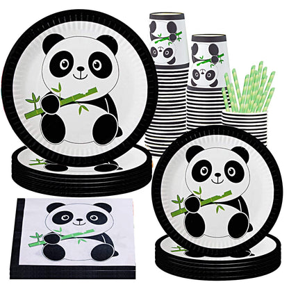 Panda Party Supplies Tableware Set Including Panda Paper Plates Cups Napkins Straws for Panda Birthday Wediing Baby Shower Party