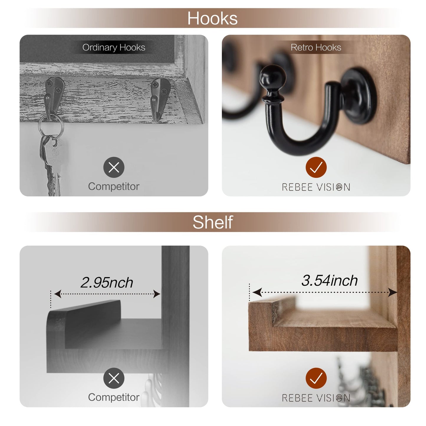 Rebee Vision Decorative Key Holder for Wall - Rustic Key Hooks with Shelf and Mail Organizer Wall Mount for Farmhouse Decor Living Room - Home Essentials for New Home (Retro Brown)
