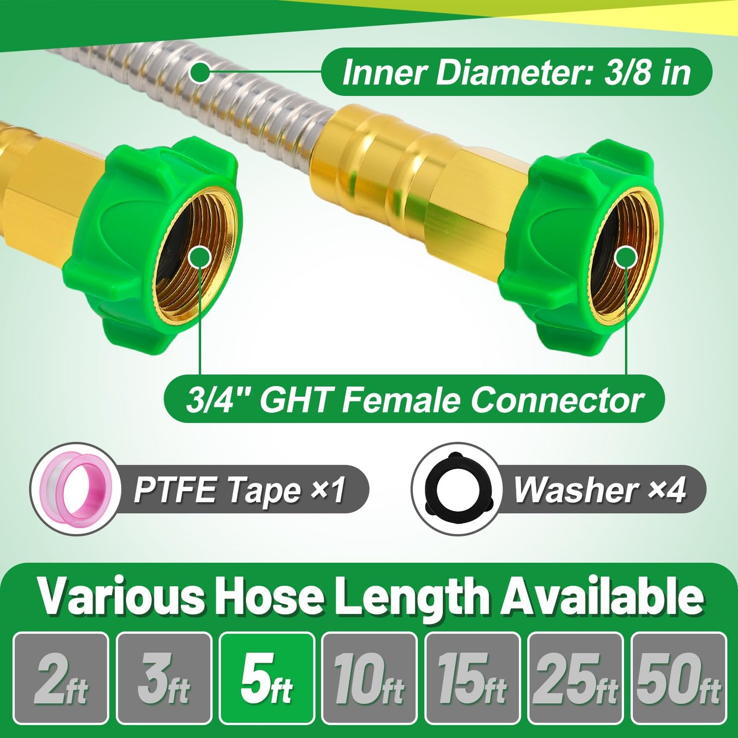 Beeplove 5ft Stainless Steel Female to Female Garden Hose with Double Connectors, Sunlight Resistant, High Water Flow, 3/4GHT Thread, Silver, 1 Pack
