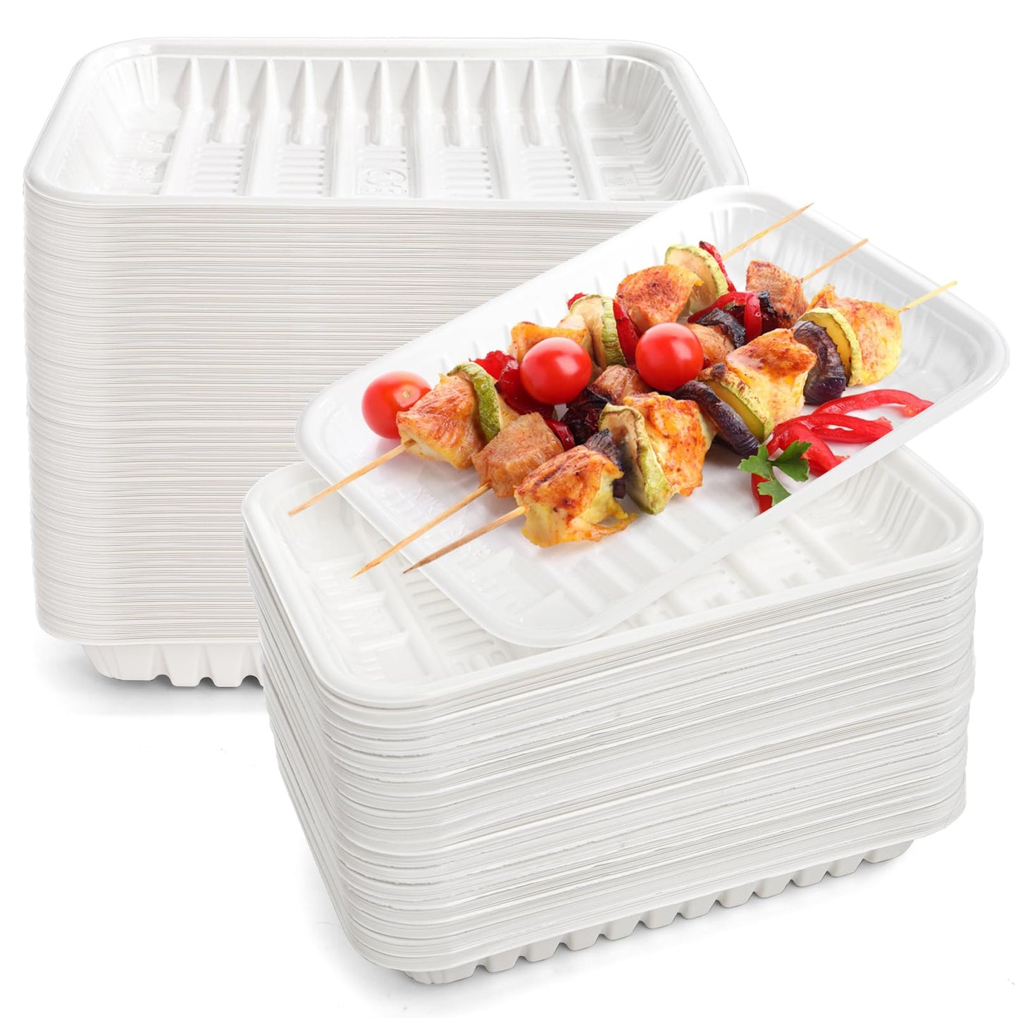WRINGKIT 300 Pack White Plastic Meat Tray, 8 Inch Rectangular Disposable Plates, Mineral Filled PP Supermarket Meat Trays, Heavy-Duty Plastic Dinner Dessert Plates for Party Restaurant